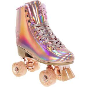Women Rose Gold 2 Holographic High Top Pu Leather Four Wheels Roller Skates